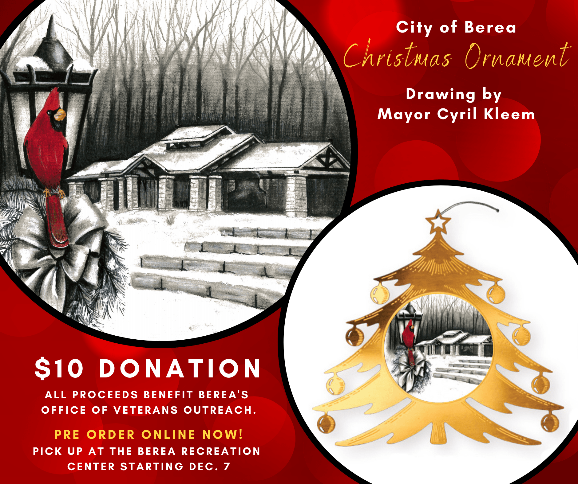 Ad with drawing of pavilion and picture of ornament