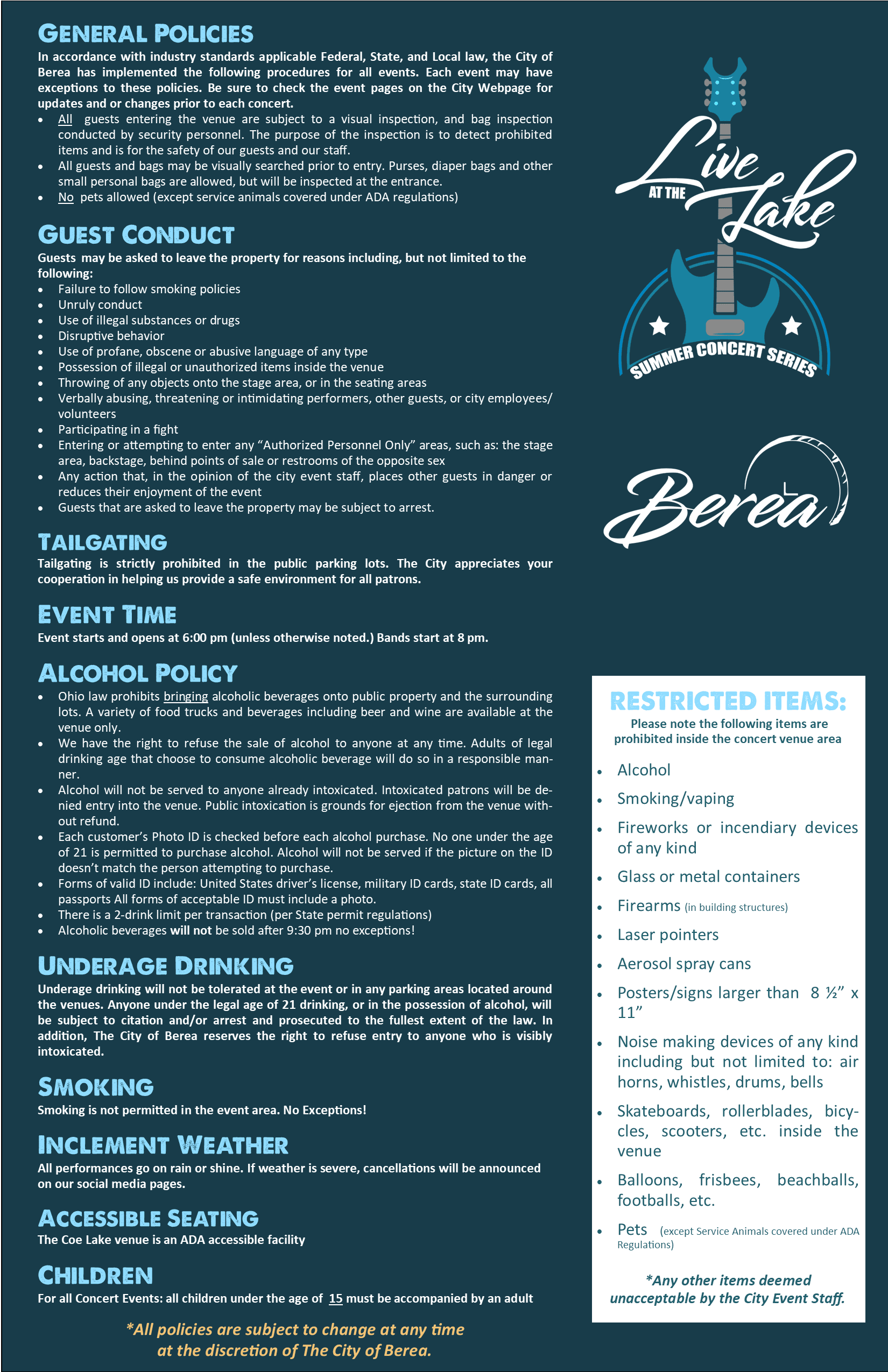 Rules and Regulations sign for Live at the Lake. updated 2024